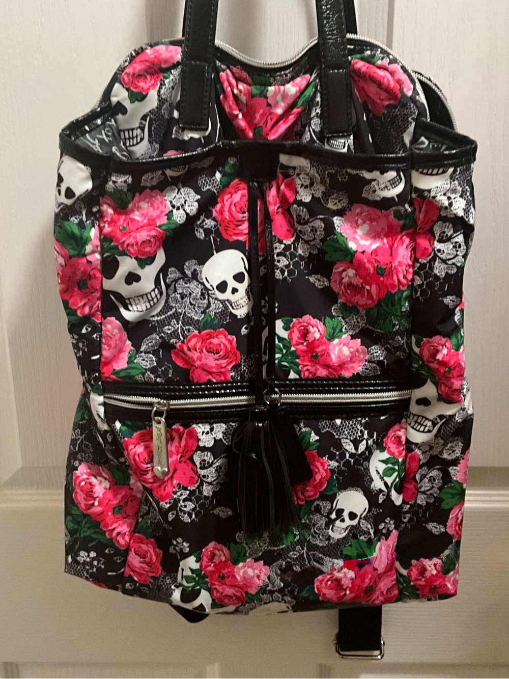 Betsey Johnson Black Backpack with Pink Rose and White Skull Print